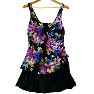 ROSE MARIE REID sz Large Swimsuit Skirted Shirred Side Palm Leaves Floral Black